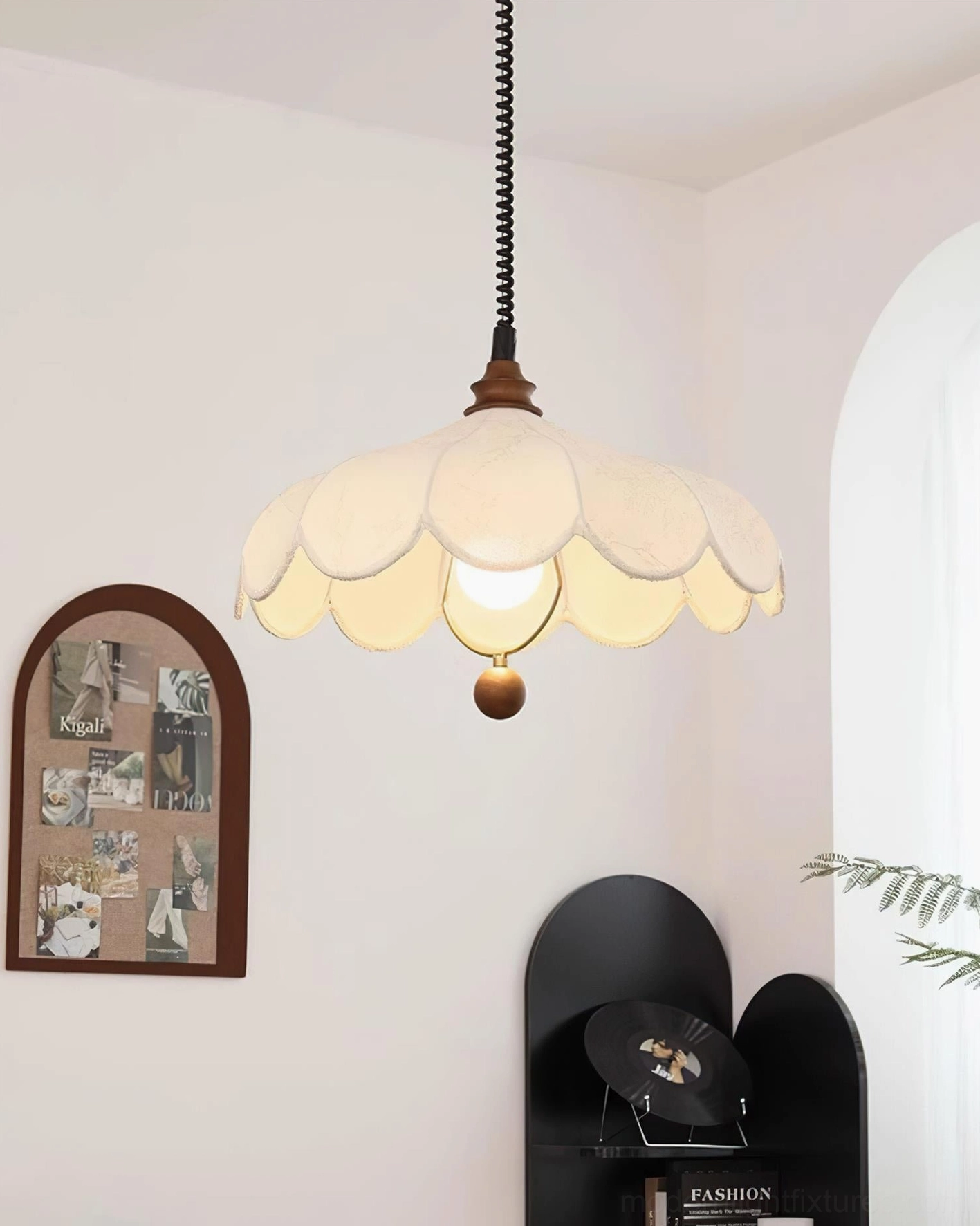 Fabric pendant light with soft diffused illumination in transitional home design