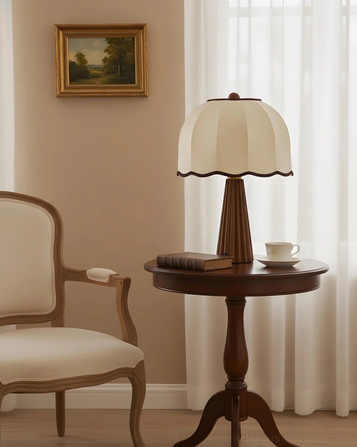 Scalloped edge fabric lamp shade close-up - tailored seams and trim detailing on dome shade