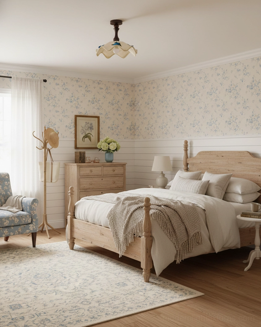 Wavy scalloped ceiling light in country style master bedroom with wooden bed, floral wallpaper, and traditional furnishings