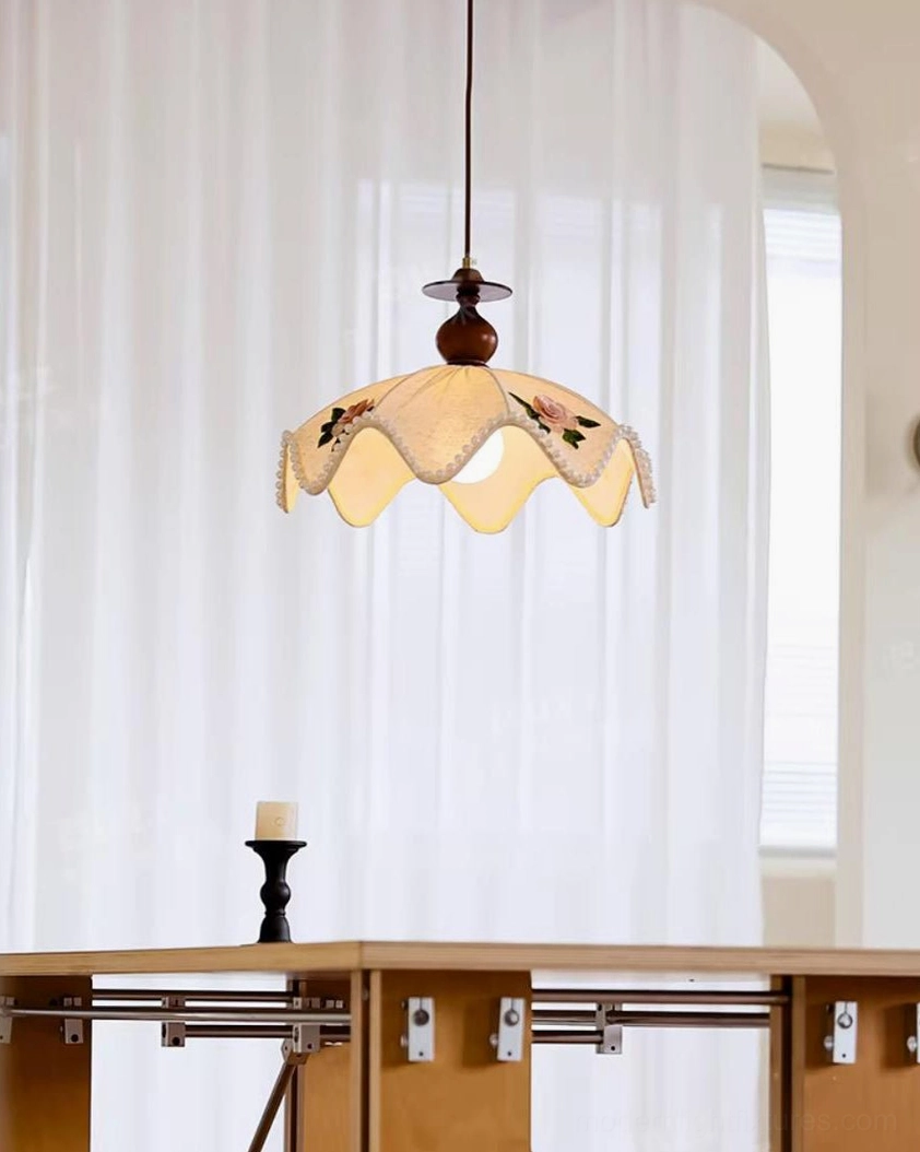 Walnut and cream scalloped floral pendant lamp size reference and shade detail