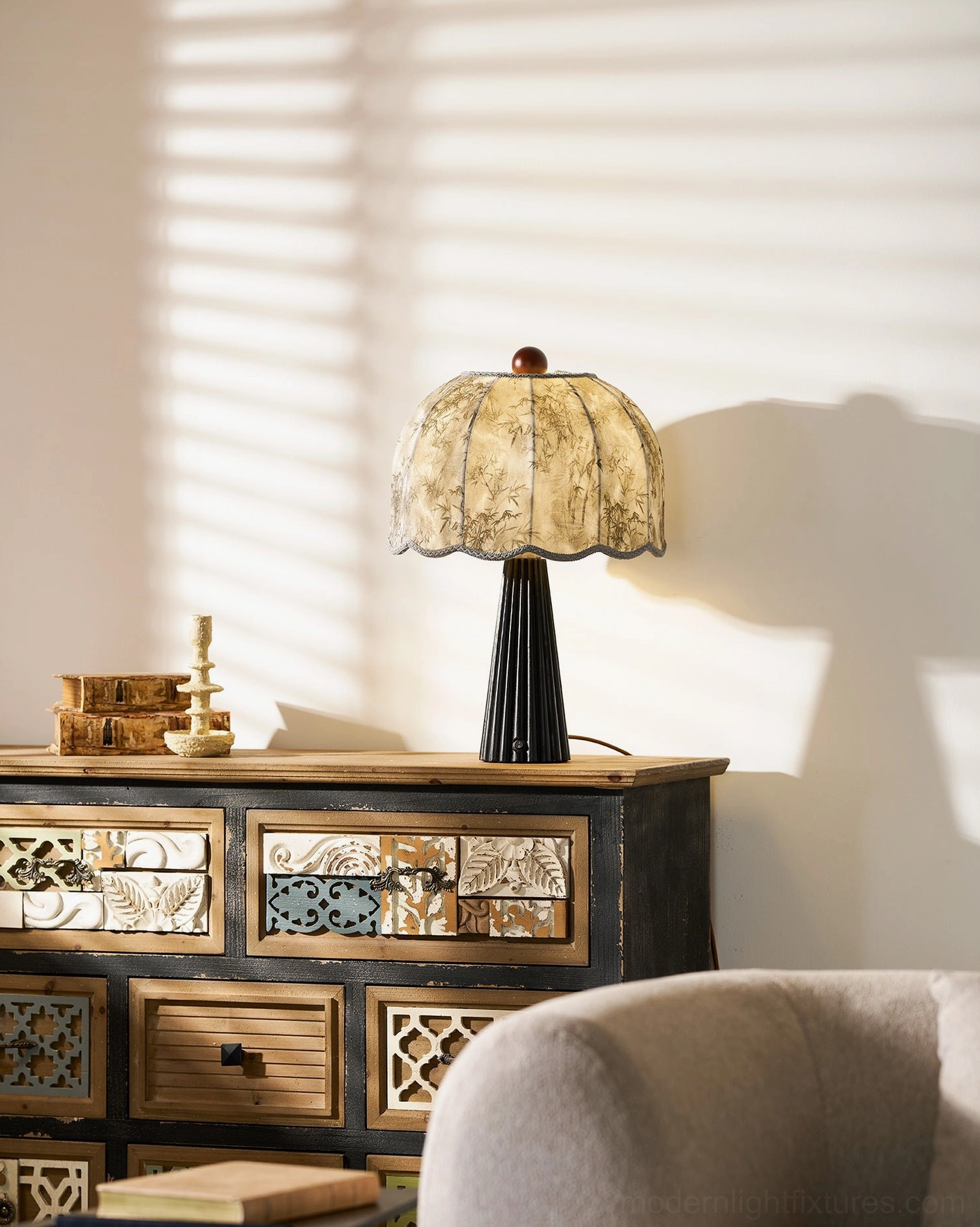 Scalloped fabric lamp shade with trim detail - tailored construction and quality finish