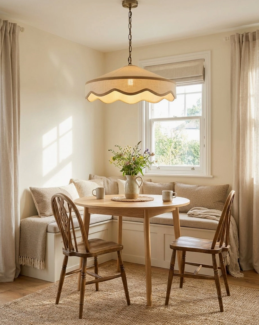 Wide scalloped pendant lamp illuminating casual window-side dining area with farmhouse neutral tones