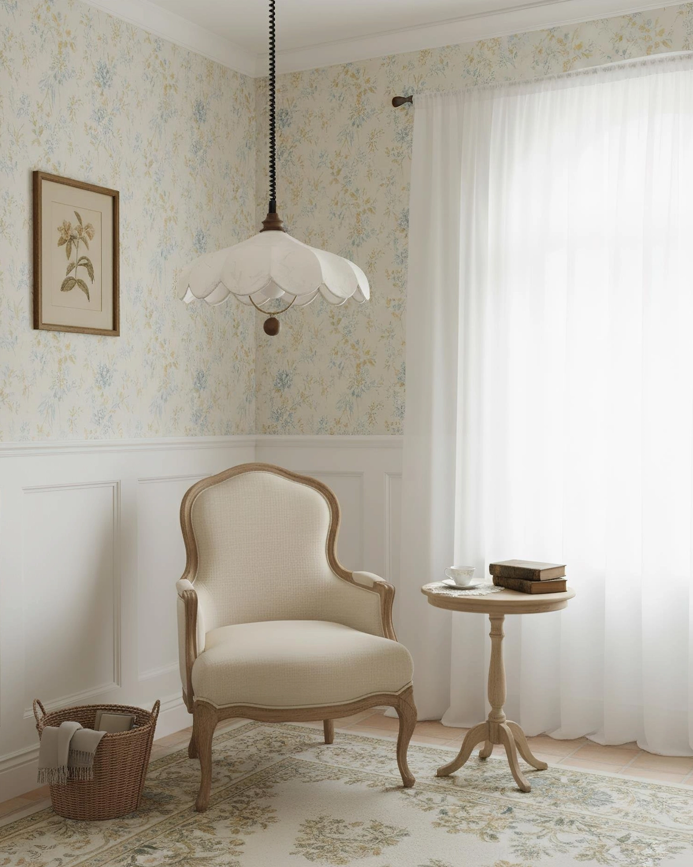 Contemporary pendant light installed in minimalist modern bedroom setting