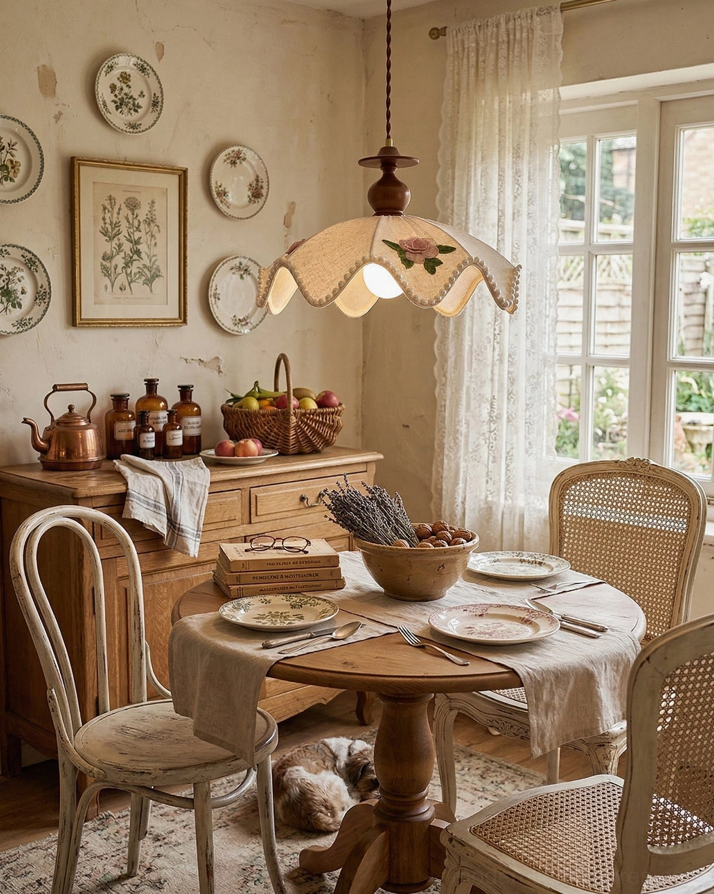 Cream fabric scalloped pendant lamp above small dining set in cozy vintage kitchen