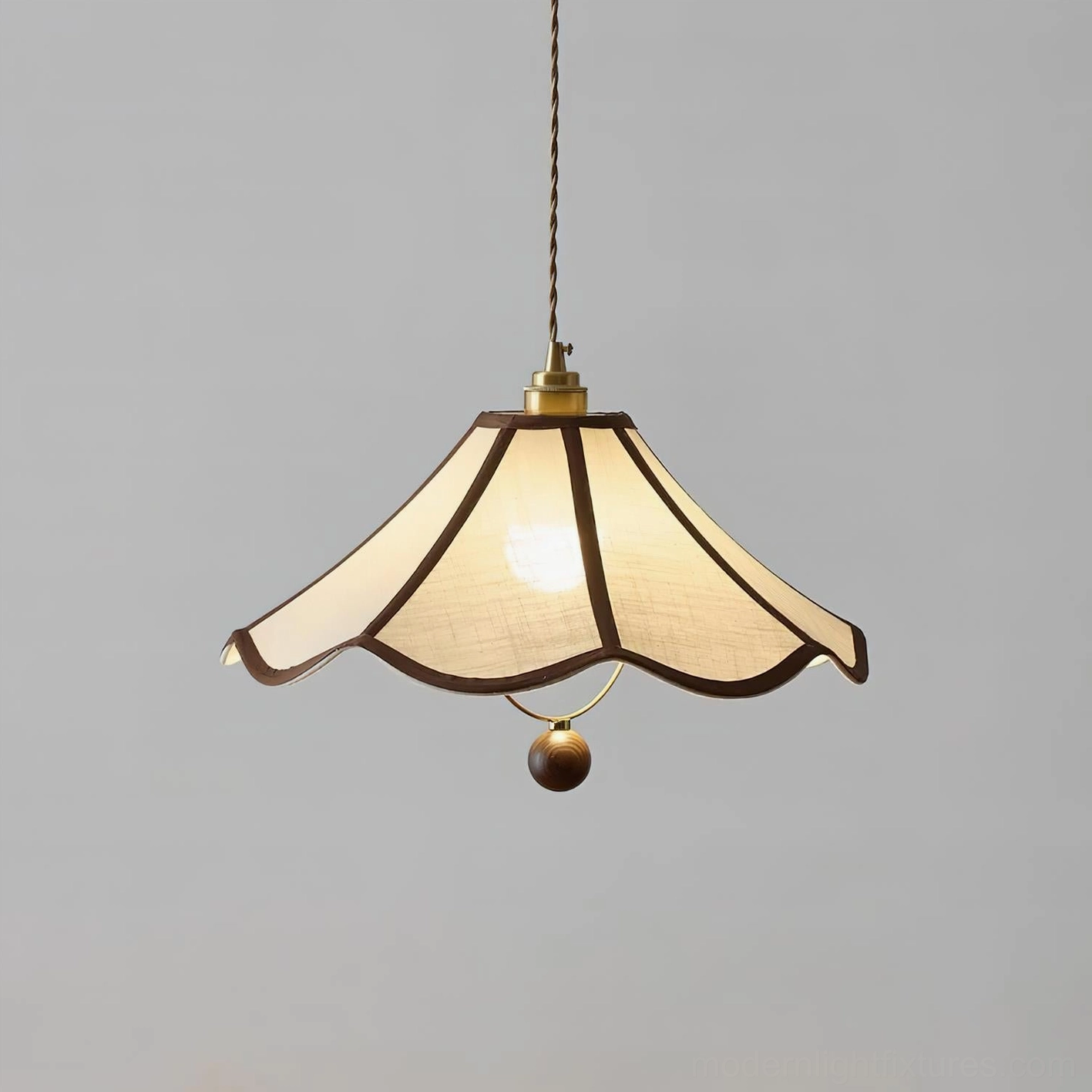Fabric scalloped pendant lamp with wooden sphere hanging detail and twisted suspension cord
