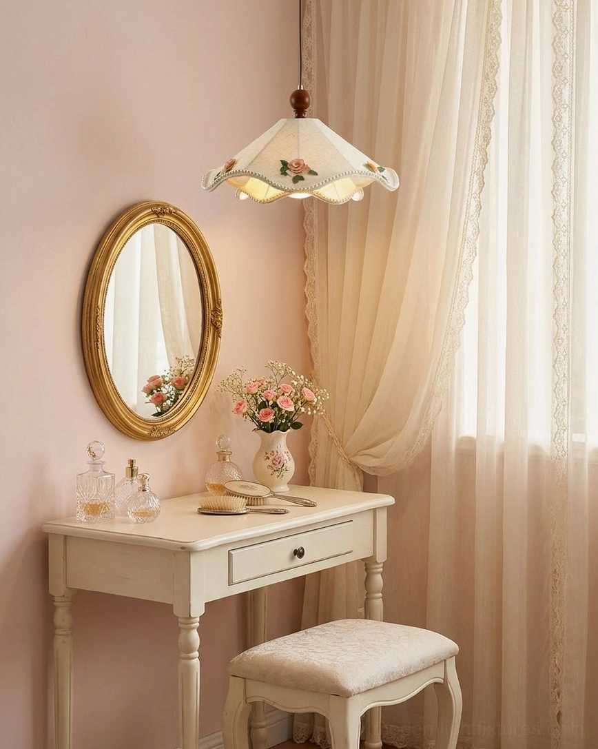 Scalloped fabric pendant light with beaded edge and scalloped ruffle, architectural detail view