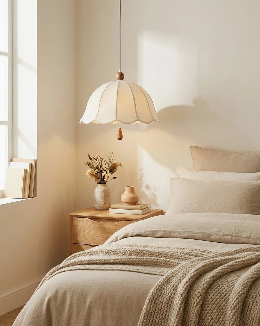 Warm white scalloped pendant light illuminating bedroom bedside area with minimalist furnishings and neutral soft lighting