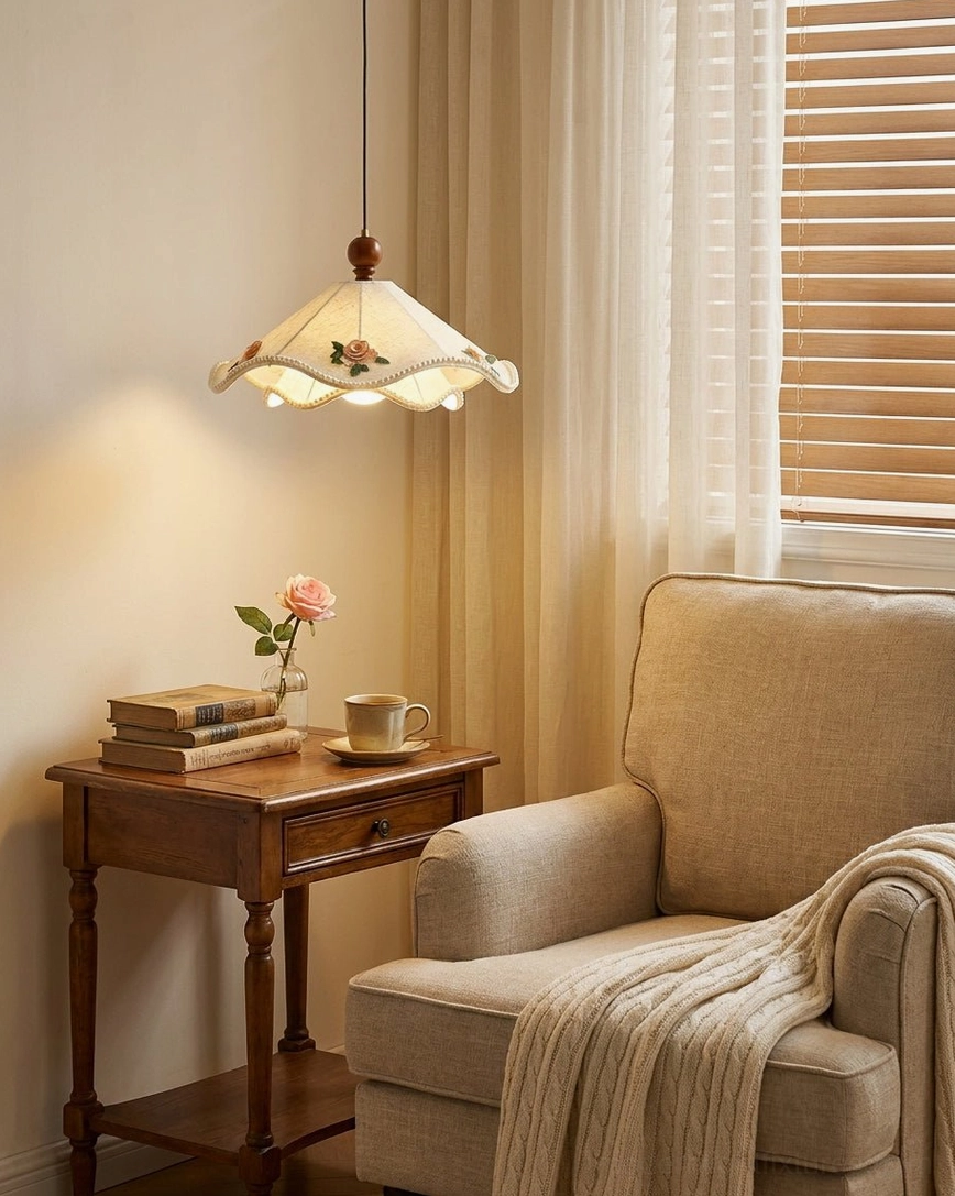 Scalloped fabric pendant light in bedroom setting, side view showing ruffled hem and embroidered detail