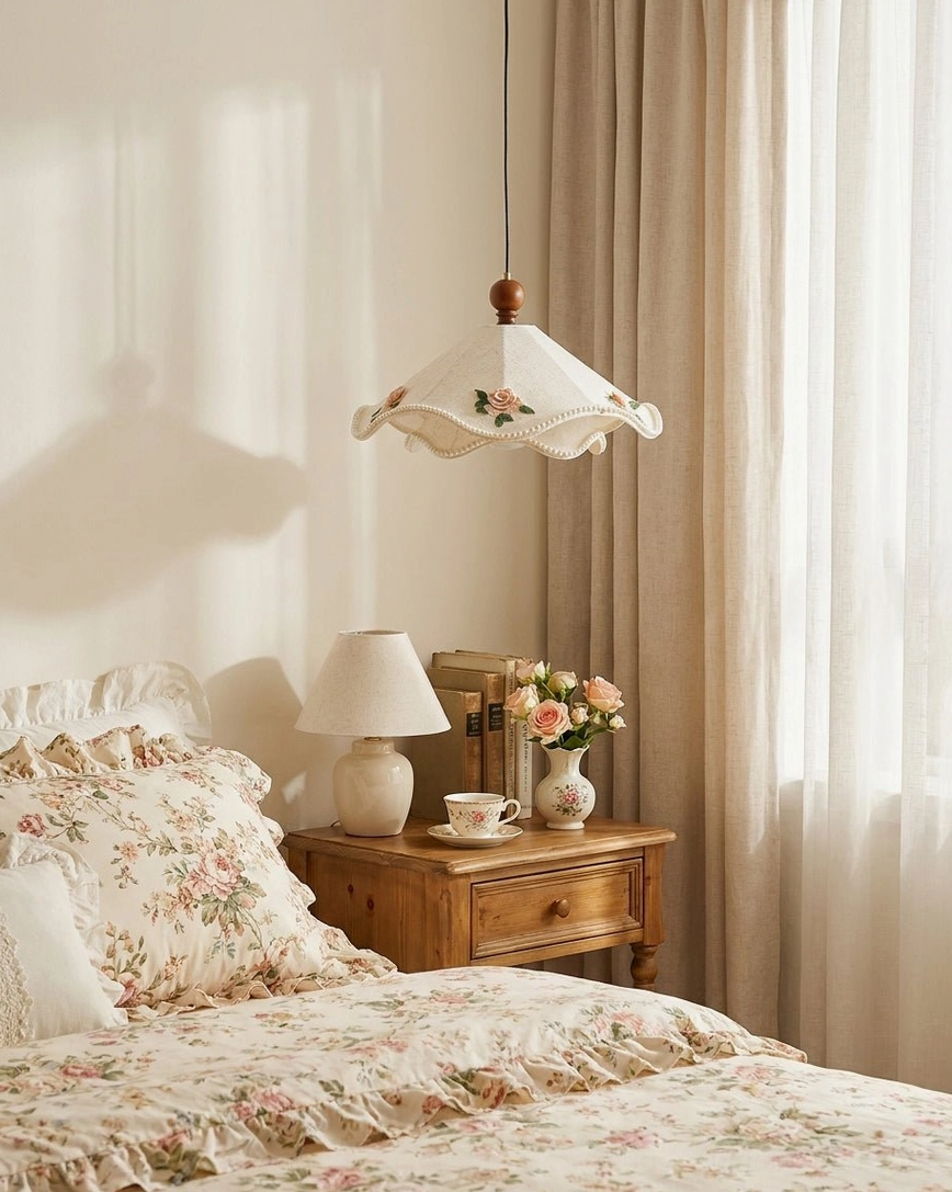 Scalloped fabric pendant light side perspective in bedroom with romantic cottagecore aesthetic and floral bedding