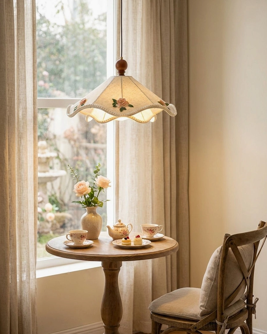 Scalloped fabric pendant light hanging above dining area near window, warm wood tones and rustic style