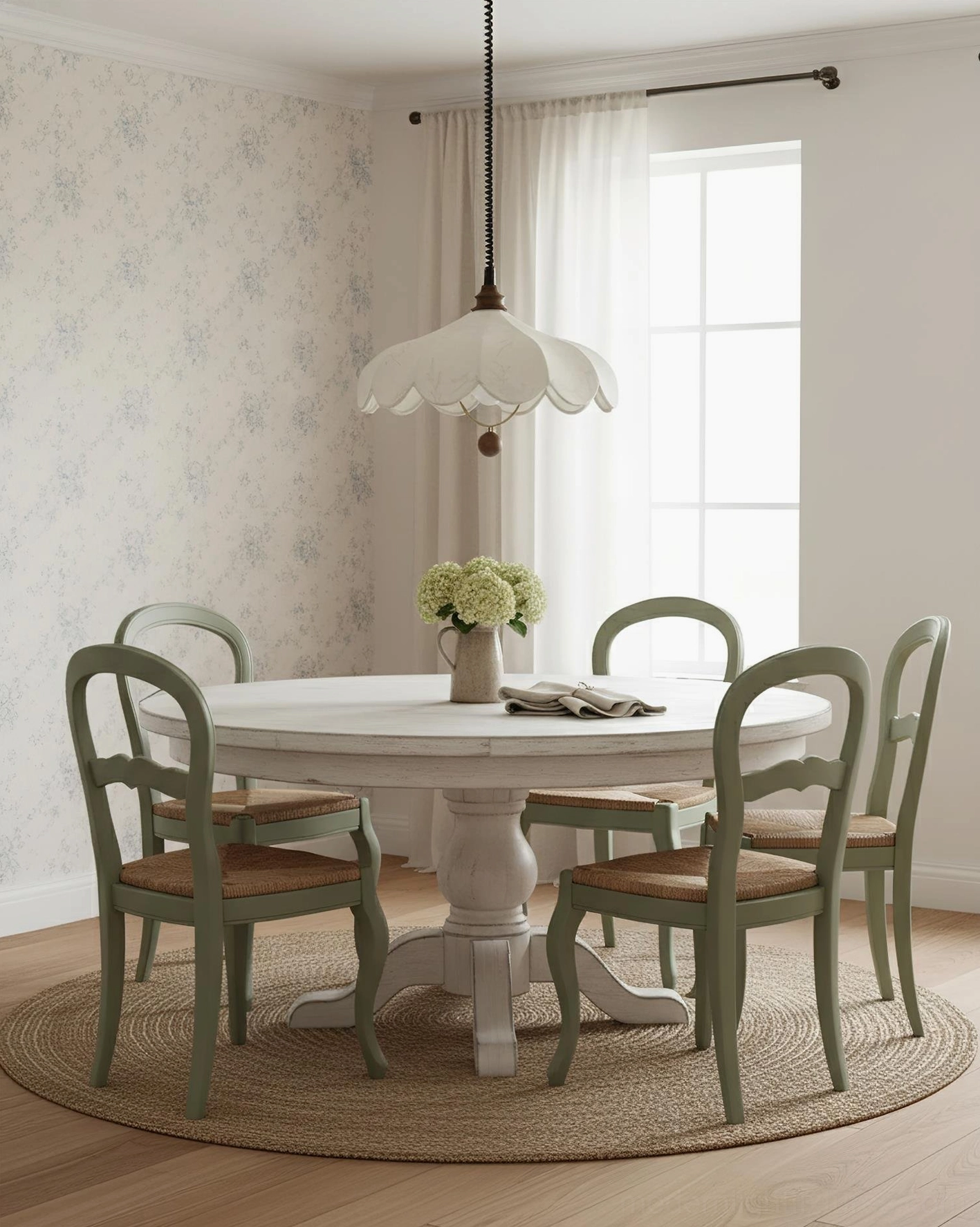 Modern pendant light hanging above round dining table in French style dining room
