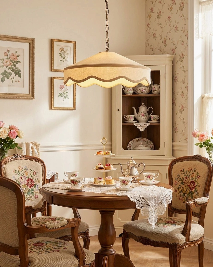 Elegant vintage dining room with scalloped pendant light casting warm glow over floral upholstered chairs