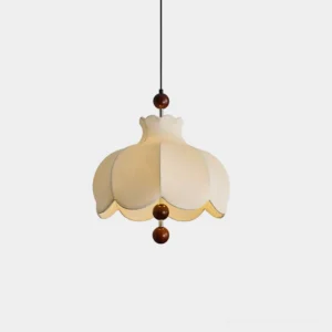 Scalloped fabric pendant light with off-white petal-shaped shade and walnut wooden bead accents, front view on plain backdrop