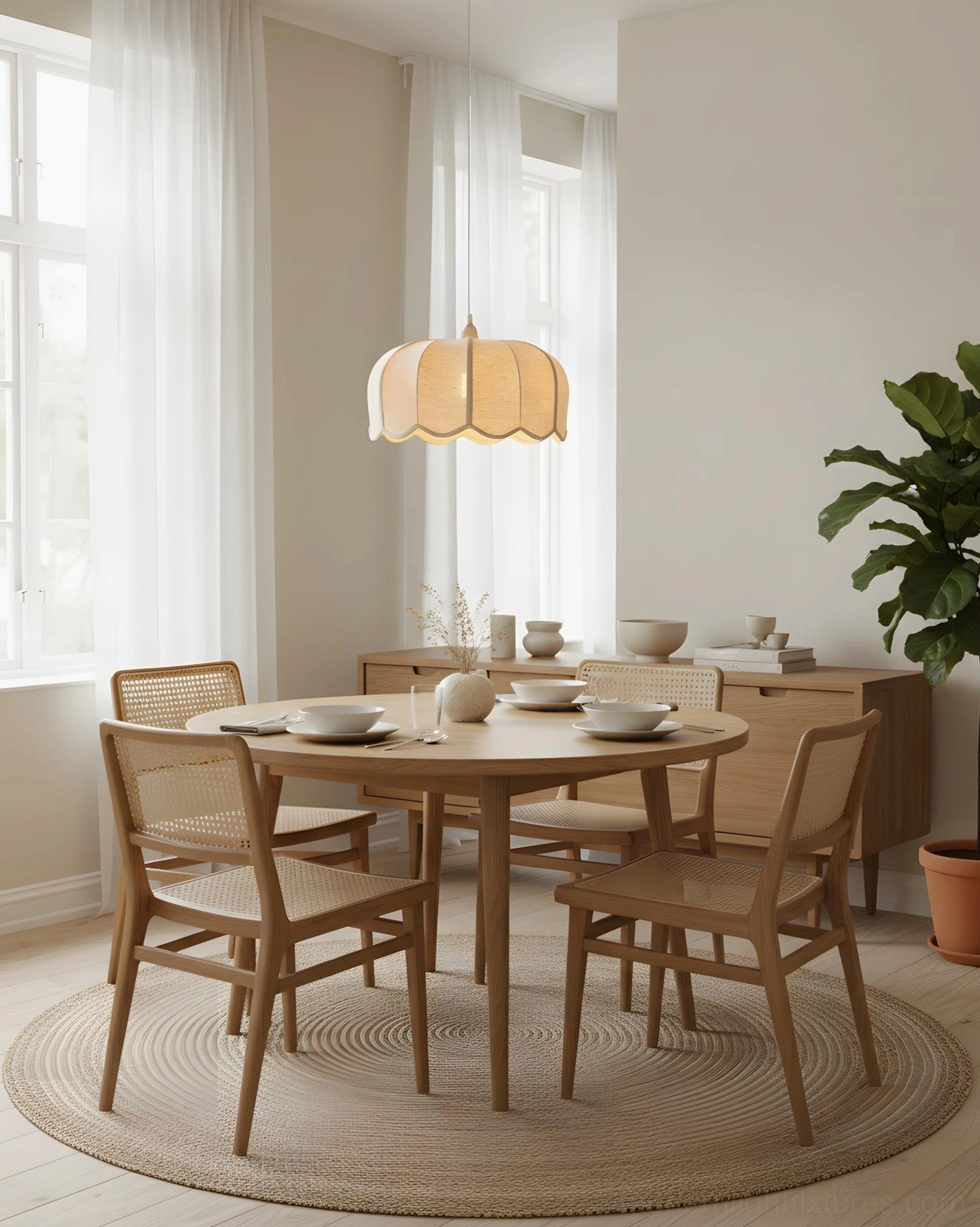 Scalloped fabric pendant light showing detailed ribbed texture and metal frame construction