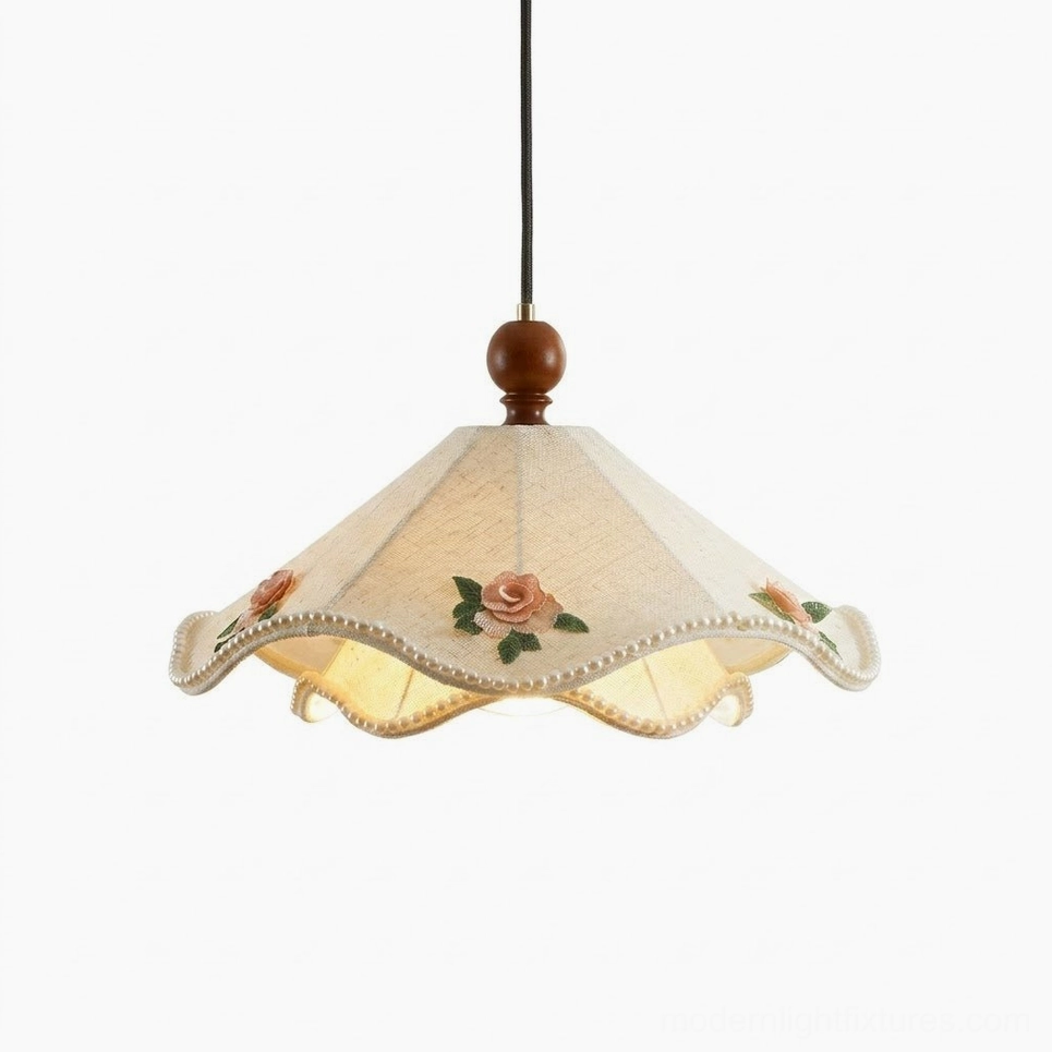Scalloped fabric pendant light showing full fixture with adjustable cord, multiple size option
