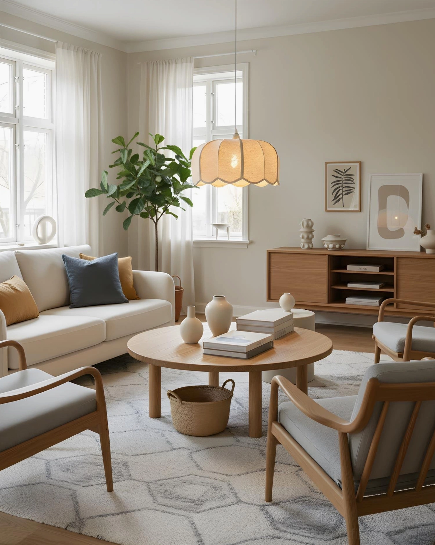 Scalloped pendant lamp hung in boho living room above coffee table creating warm ambient light