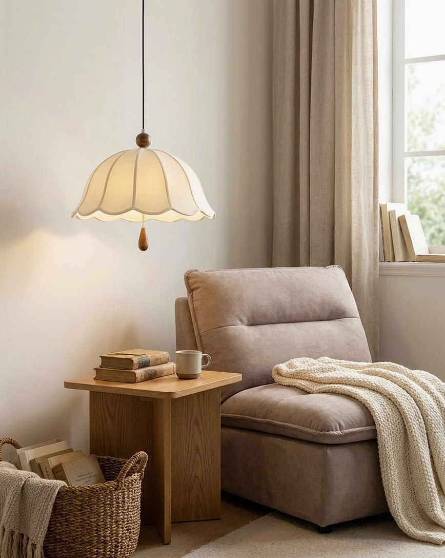 Scalloped cotton-linen pendant suspended in modern living room corner creating warm focal point with contemporary furnishings