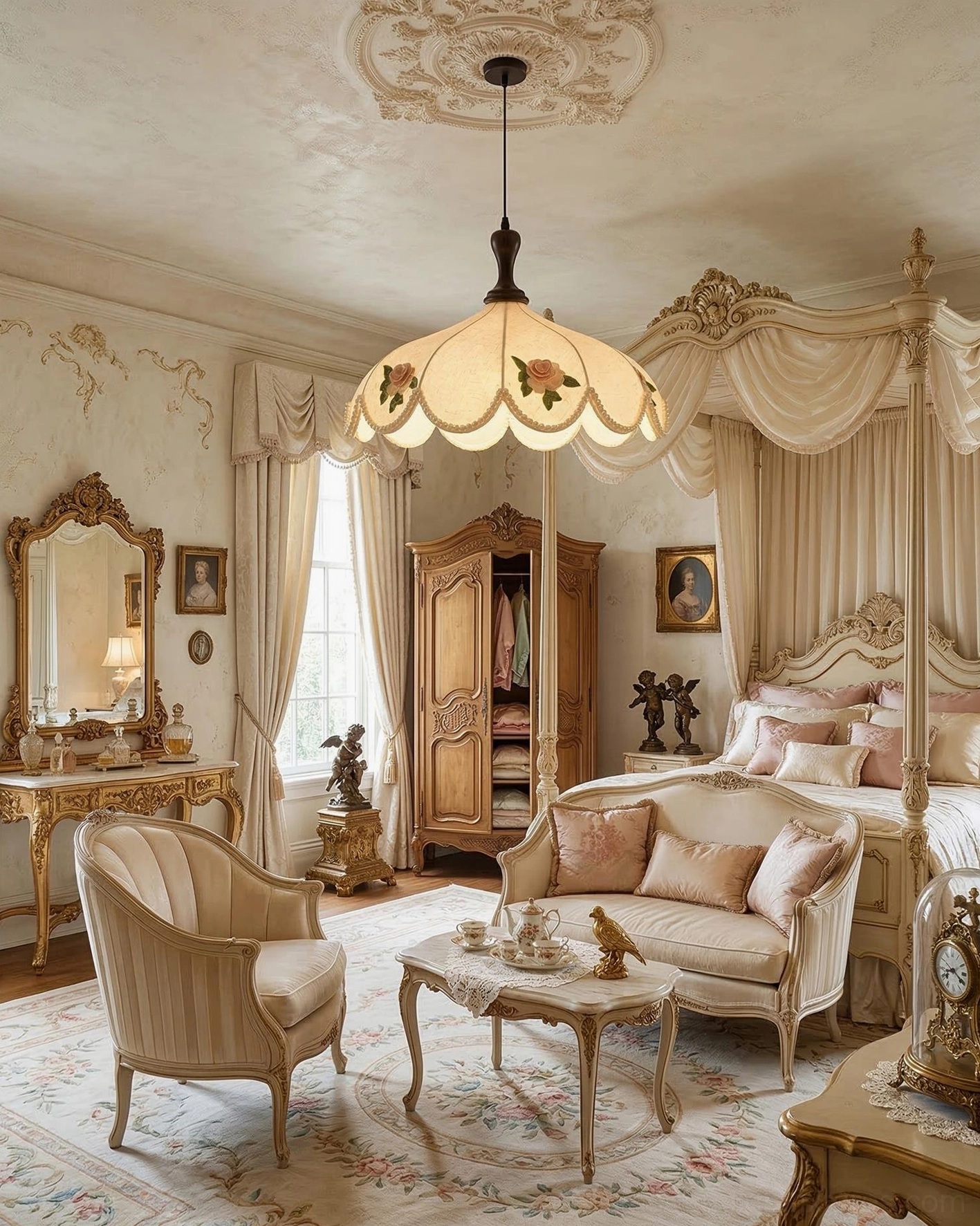 Romantic scalloped floral pendant creating elegant illumination in luxury vintage bedroom suite with retro furnishings