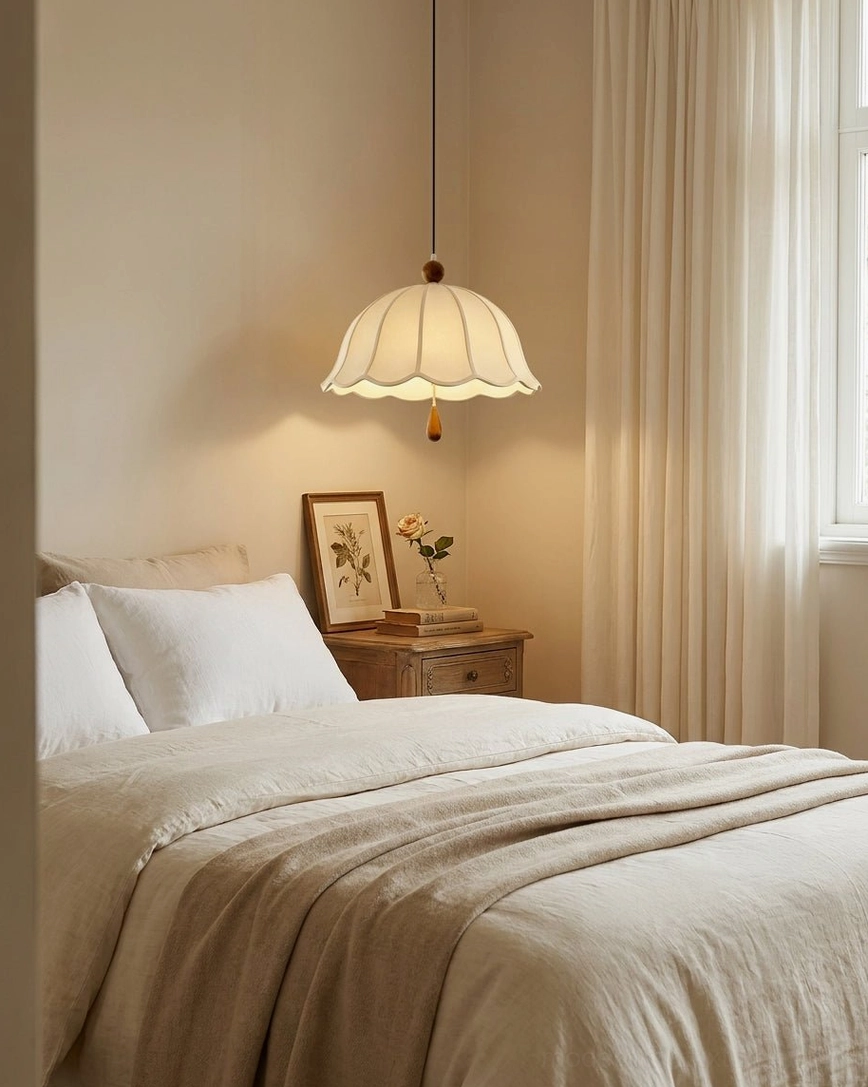 Gentle scalloped fabric pendant providing soft ambient light in serene master bedroom with calming minimalist decor