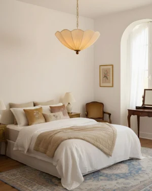 Vintage scalloped pendant light installed in master bedroom with arched classic architecture and neutral warm interior design