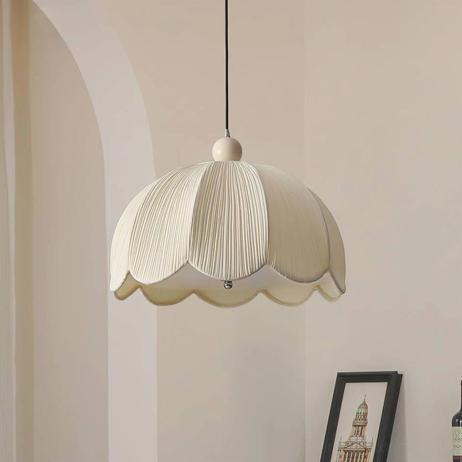 Scalloped pleated pendant light Model A 45cm diameter 30cm height, beige fabric finish, product display