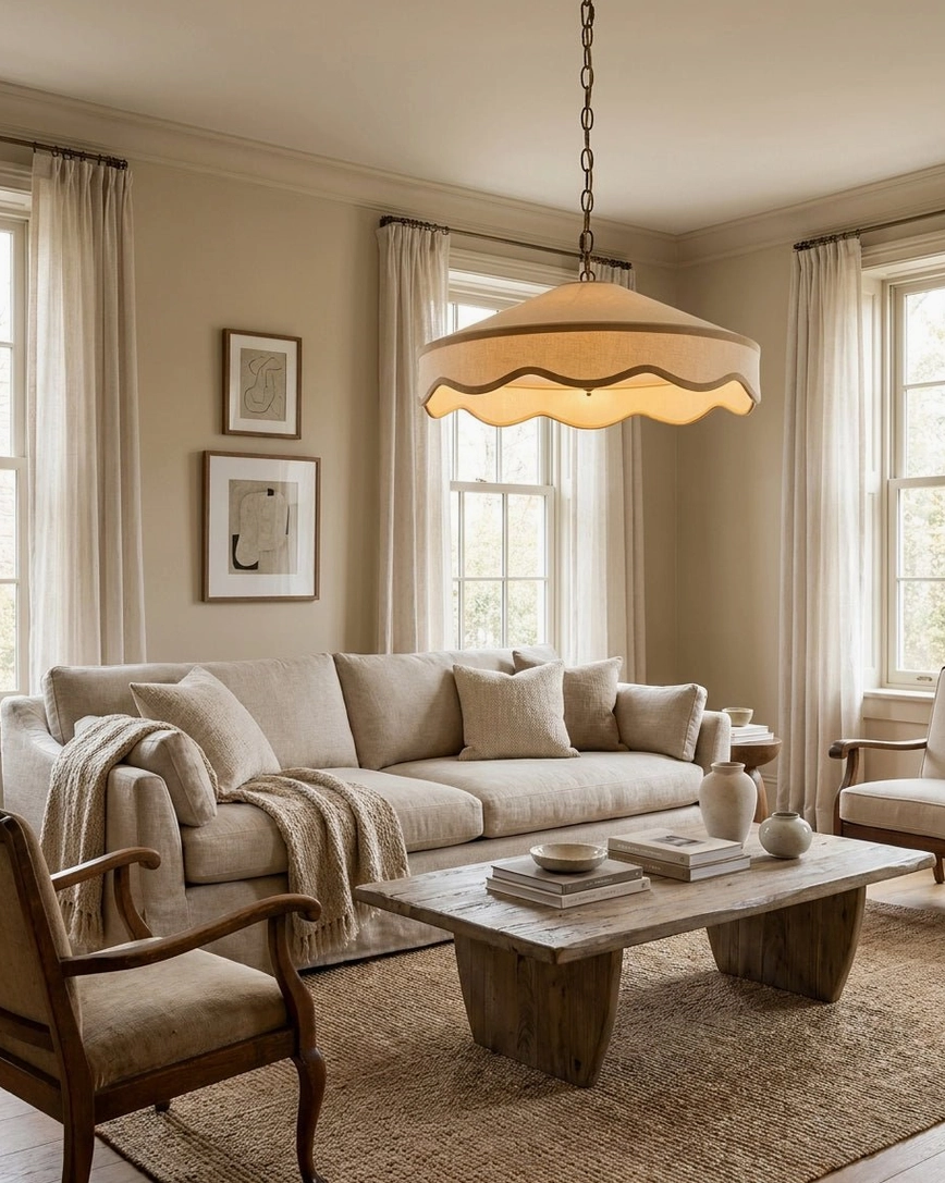 Modern farmhouse living room with scalloped fabric pendant light paired with linen sofa and warm ambient lighting