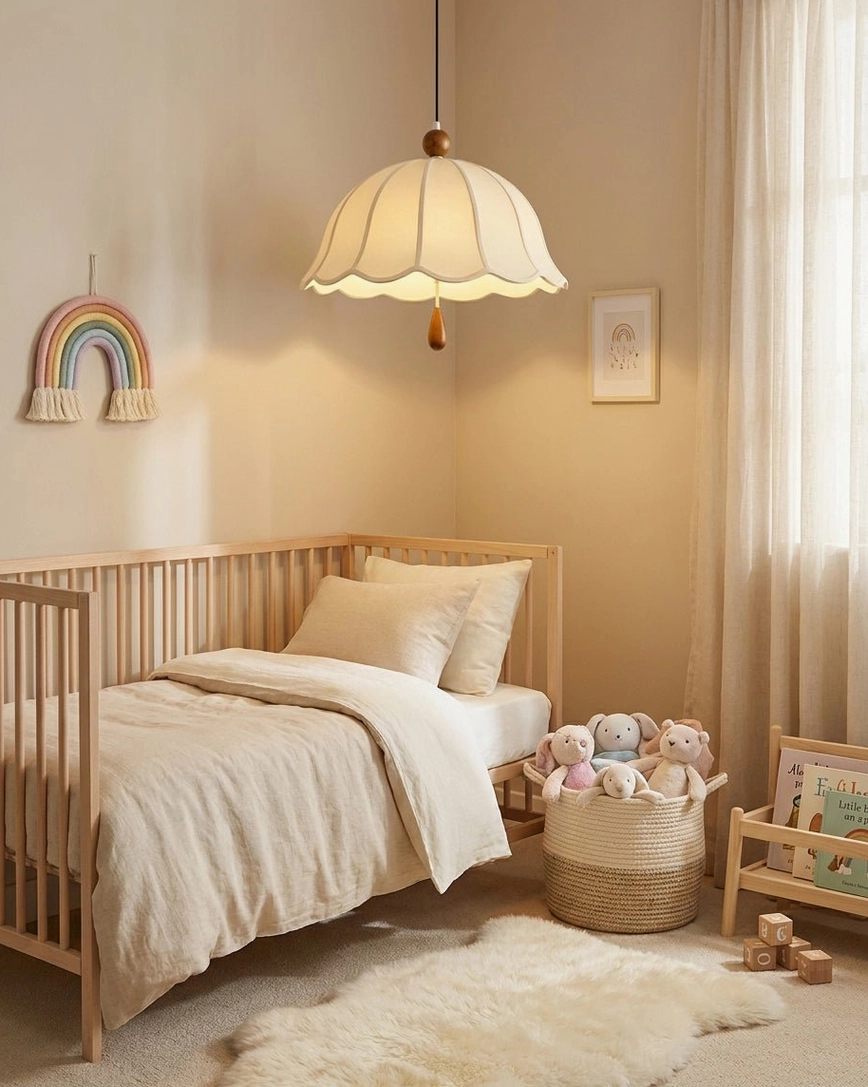 Warm scalloped pendant light in soft playful nursery bedroom with cozy textiles and child-friendly design elements