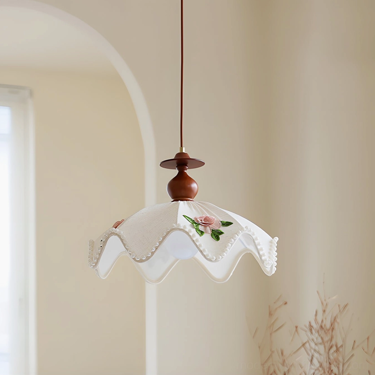 Scalloped fabric pendant light side view showing walnut wood top and hand-embroidered shade