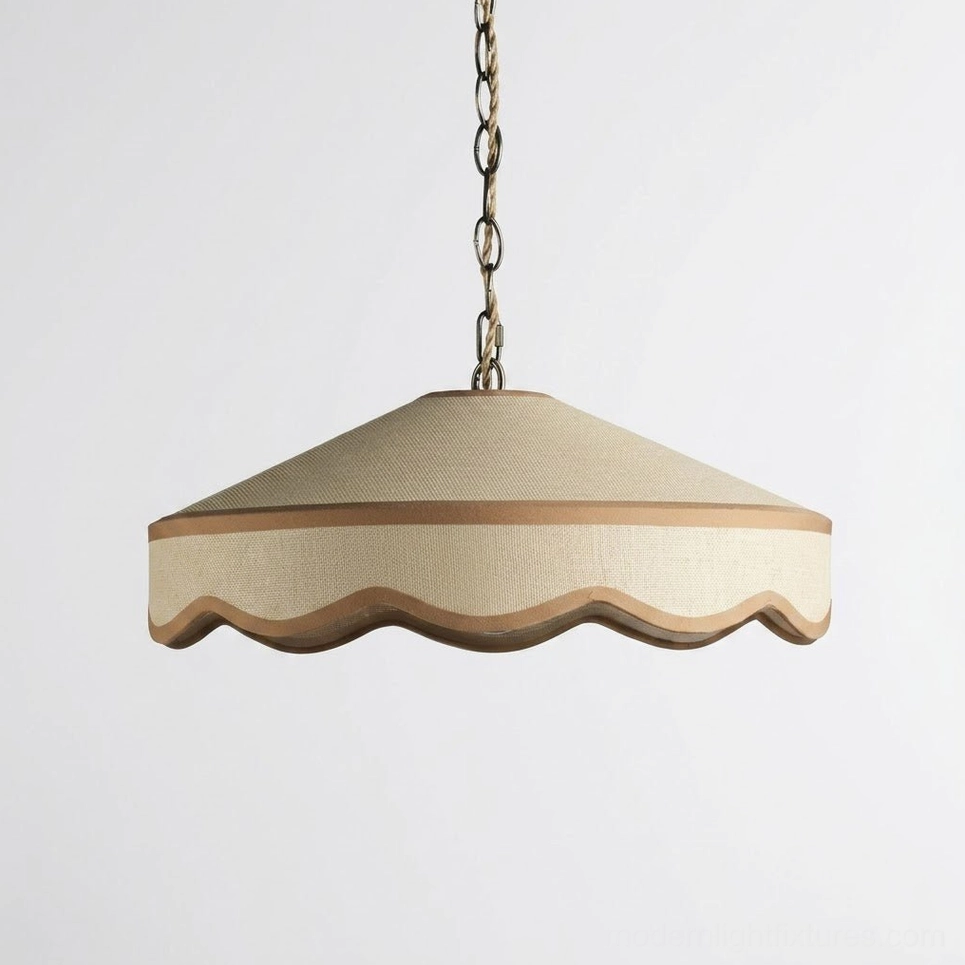 Wide scalloped pendant light side profile showing brass suspension chain and fabric texture detail