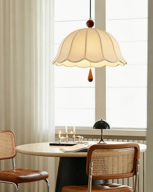 Large Calenna scalloped pendant light size comparison showing diameter and height specifications for dining room placement