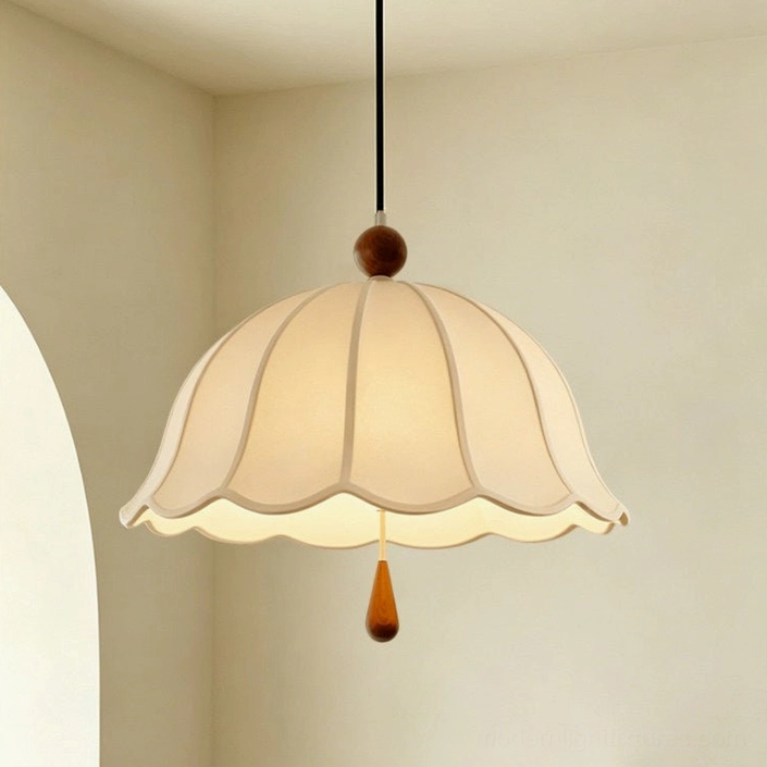 Walnut color scalloped cotton-linen pendant light with beige fabric dome, showing size variation and color detail
