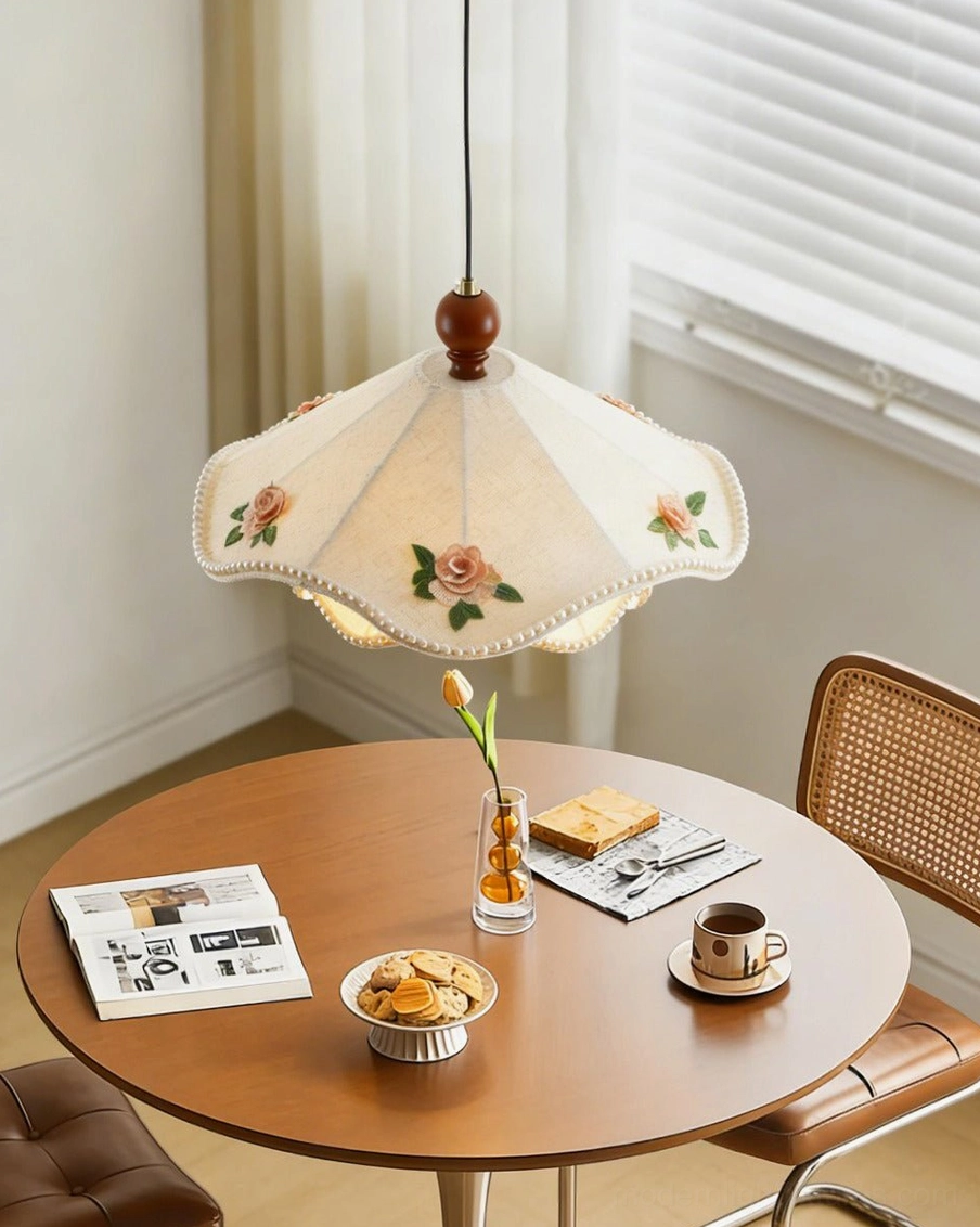 Scalloped pendant light fixture showing turned wood ball finial and ruffled fabric shade construction