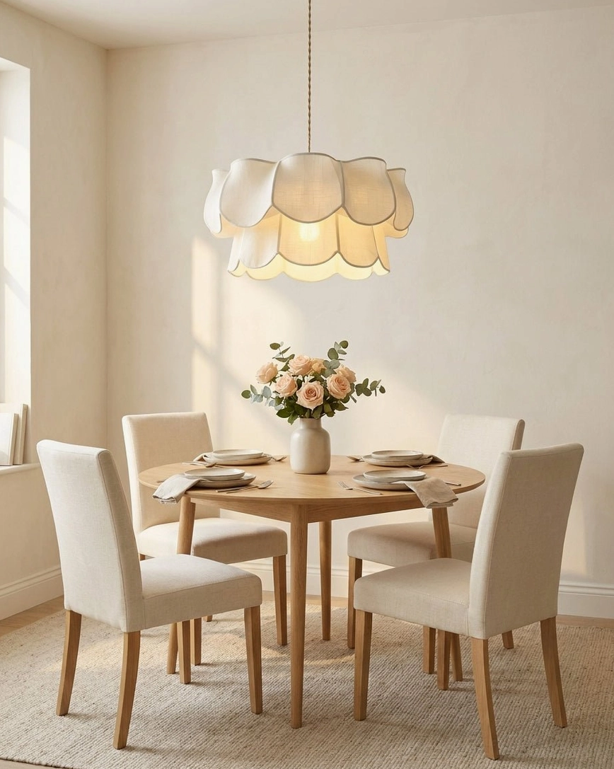 Scalloped fabric petal pendant light above formal dining room table with four-person setting, floral centerpiece, overhead view of warm diffused light and neutral decor