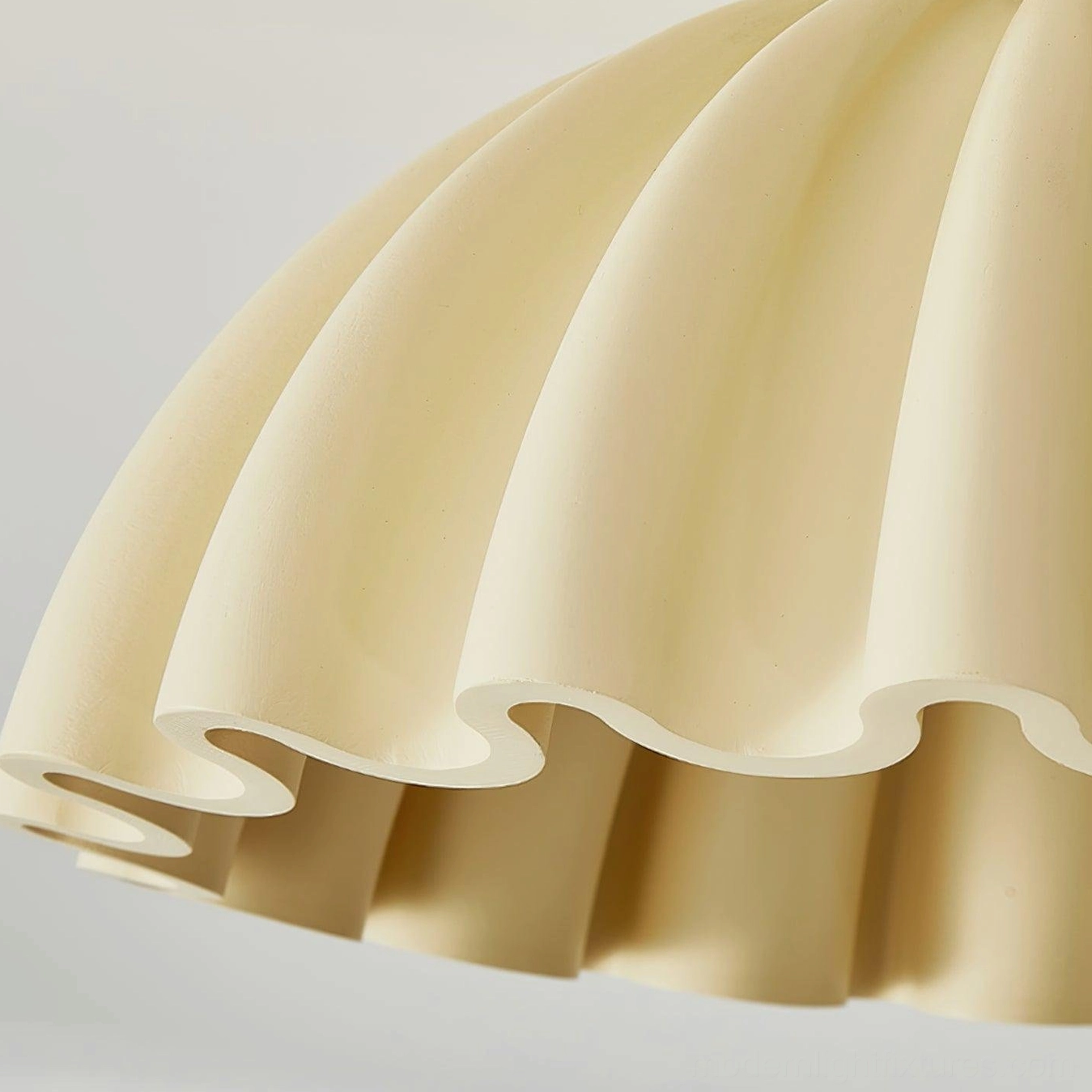 Scalloped ruffle ceiling light with detailed view of shade pleating and construction