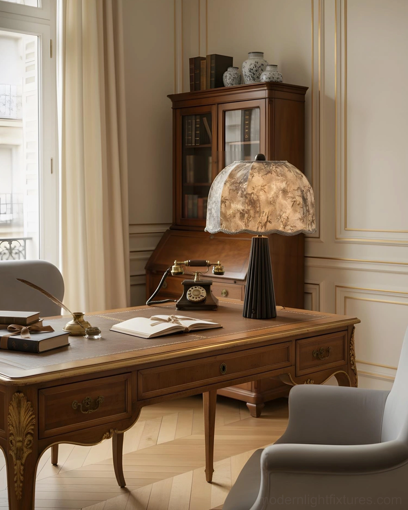 Vintage style scalloped table lamp on console table - entryway lighting and accent fixture