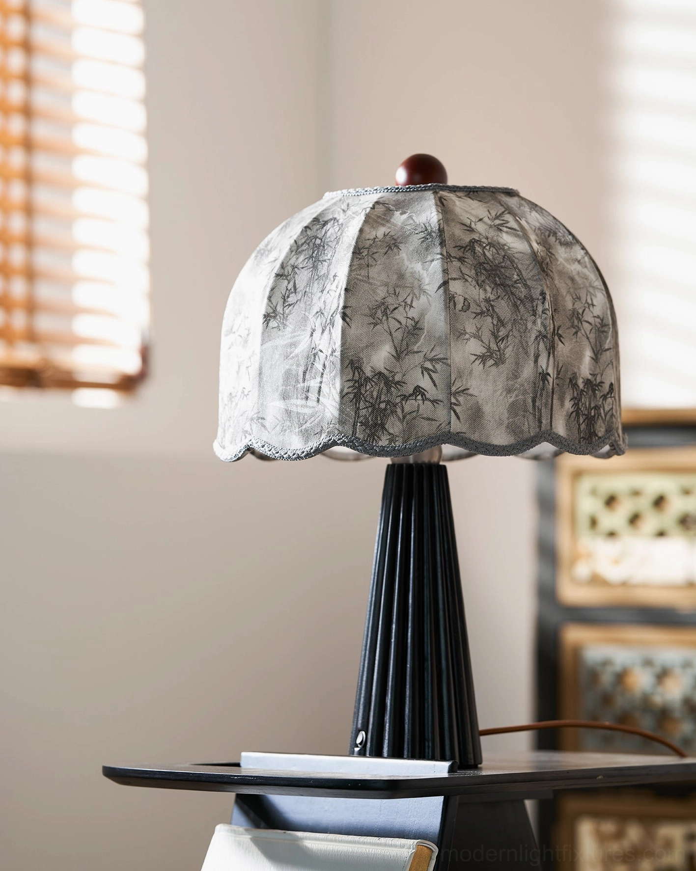 Scalloped table lamp in contemporary minimalist setting - accent lighting design element