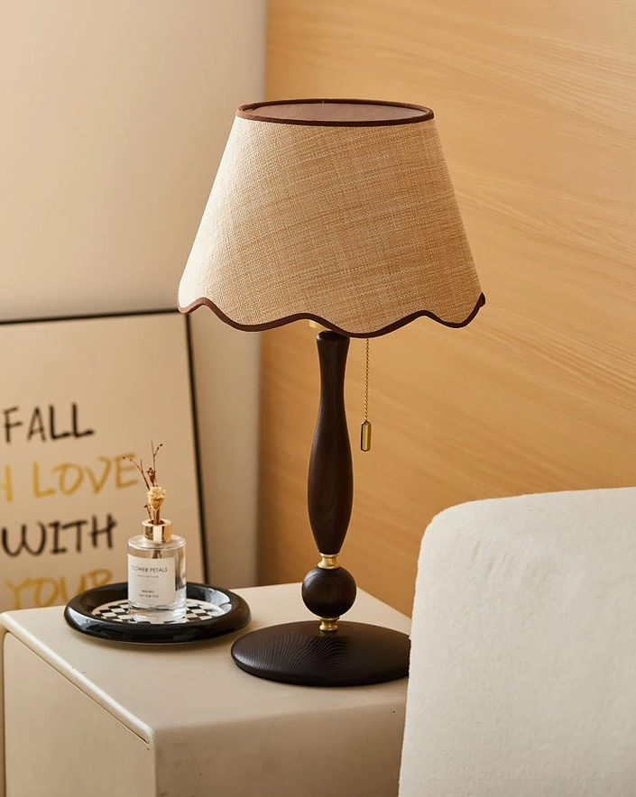 Full side profile of scalloped linen table lamp showing proportions dimensions turned wood spindle silhouette and overall height