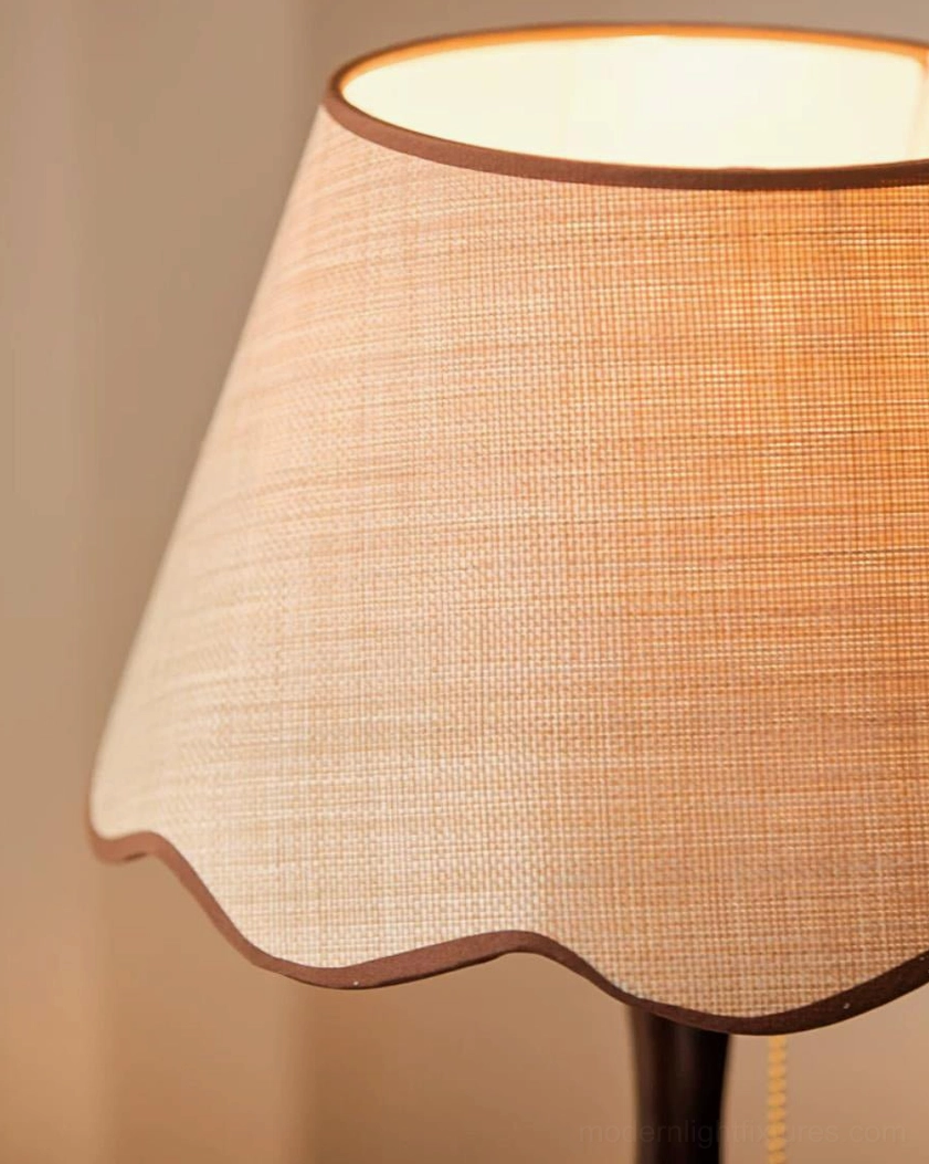 Scalloped linen table lamp packaging and unboxing showing complete contents walnut base cream shade led bulb regional cord and documentation
