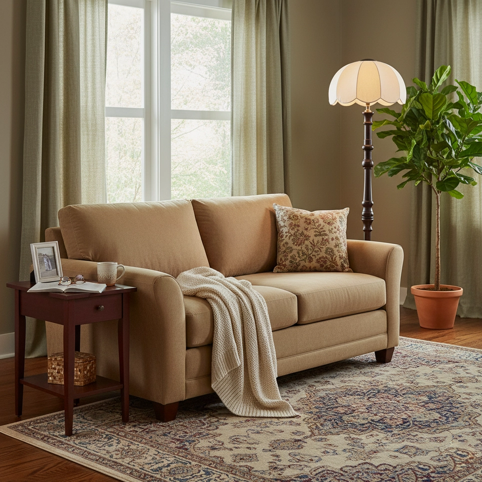 Scalloped vintage floor lamp with carved wood stand and scalloped fabric shade detail, mid-century design
