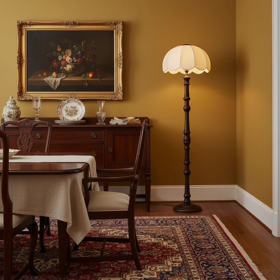 Scalloped vintage floor lamp with dark wood carved stand and warm beige scalloped shade in formal vintage dining room setting
