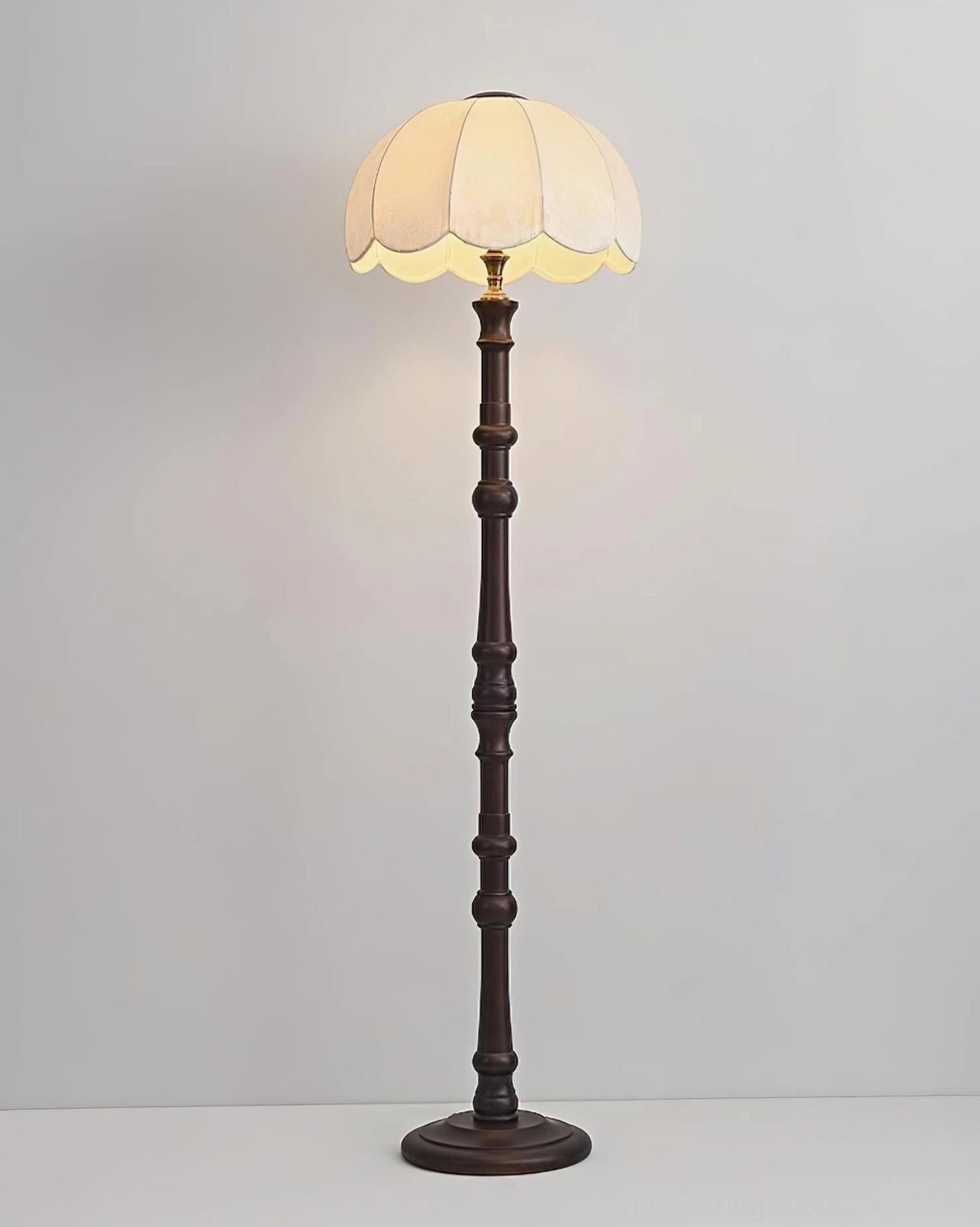 Scalloped vintage floor lamp full view showing carved wooden construction and fabric shade proportions