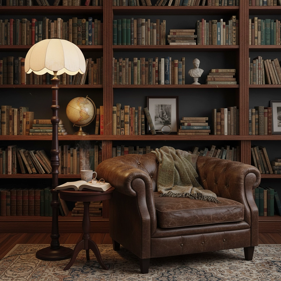 Classic retro scalloped vintage floor lamp in home library with full bookshelves and leather armchair, three-quarter view
