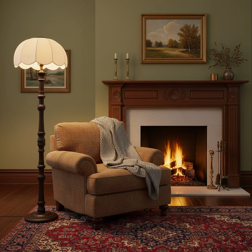 Scalloped vintage floor lamp providing soft warm lighting in cozy living room with fireplace and armchair, side view