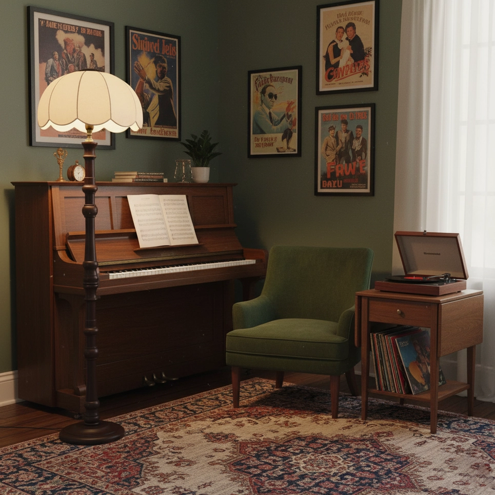 Scalloped vintage floor lamp with retro carved wooden pole in home music room with piano and vintage wall art decoration
