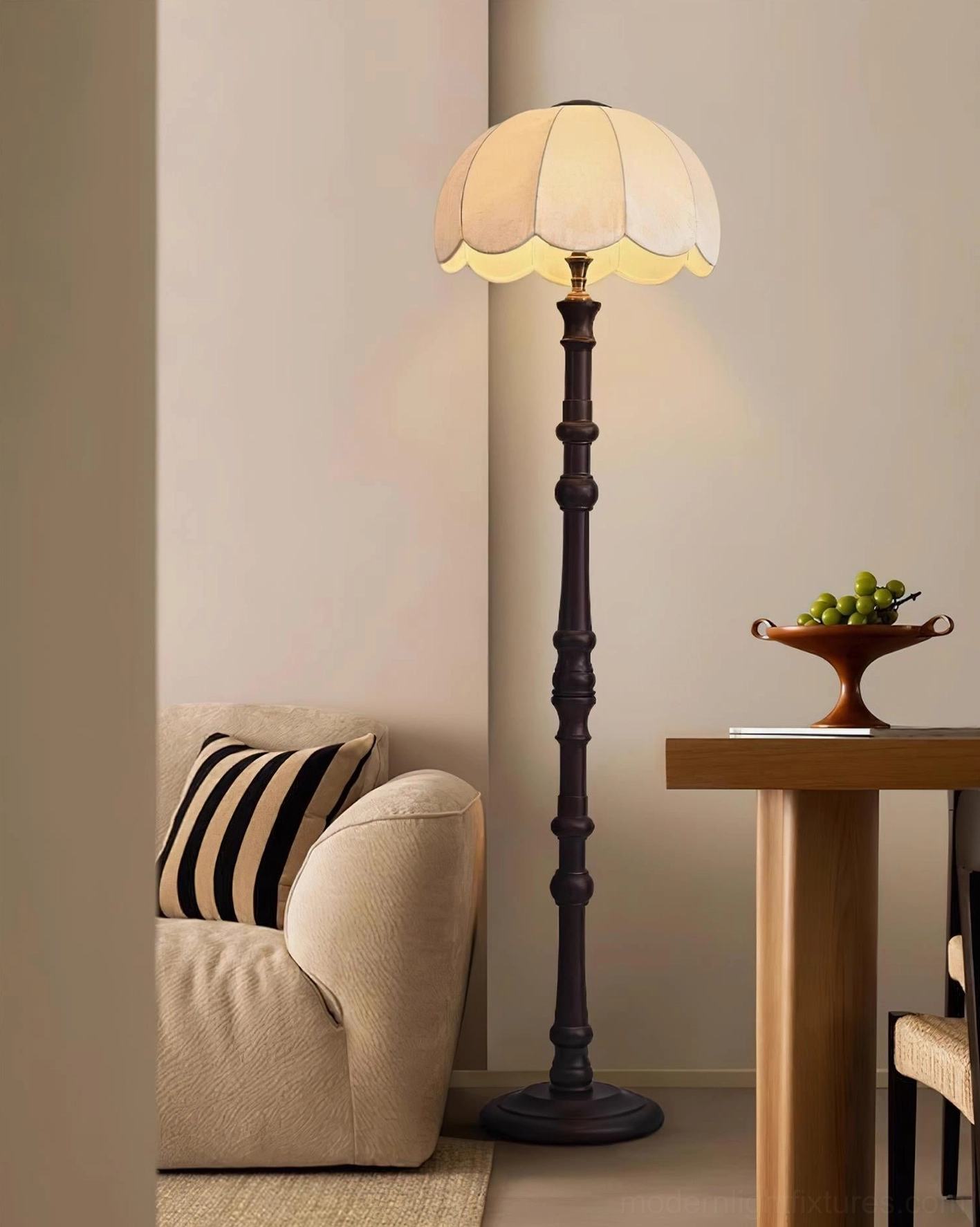Scalloped vintage floor lamp with sculptural wooden base and ornamental fabric shade detailing