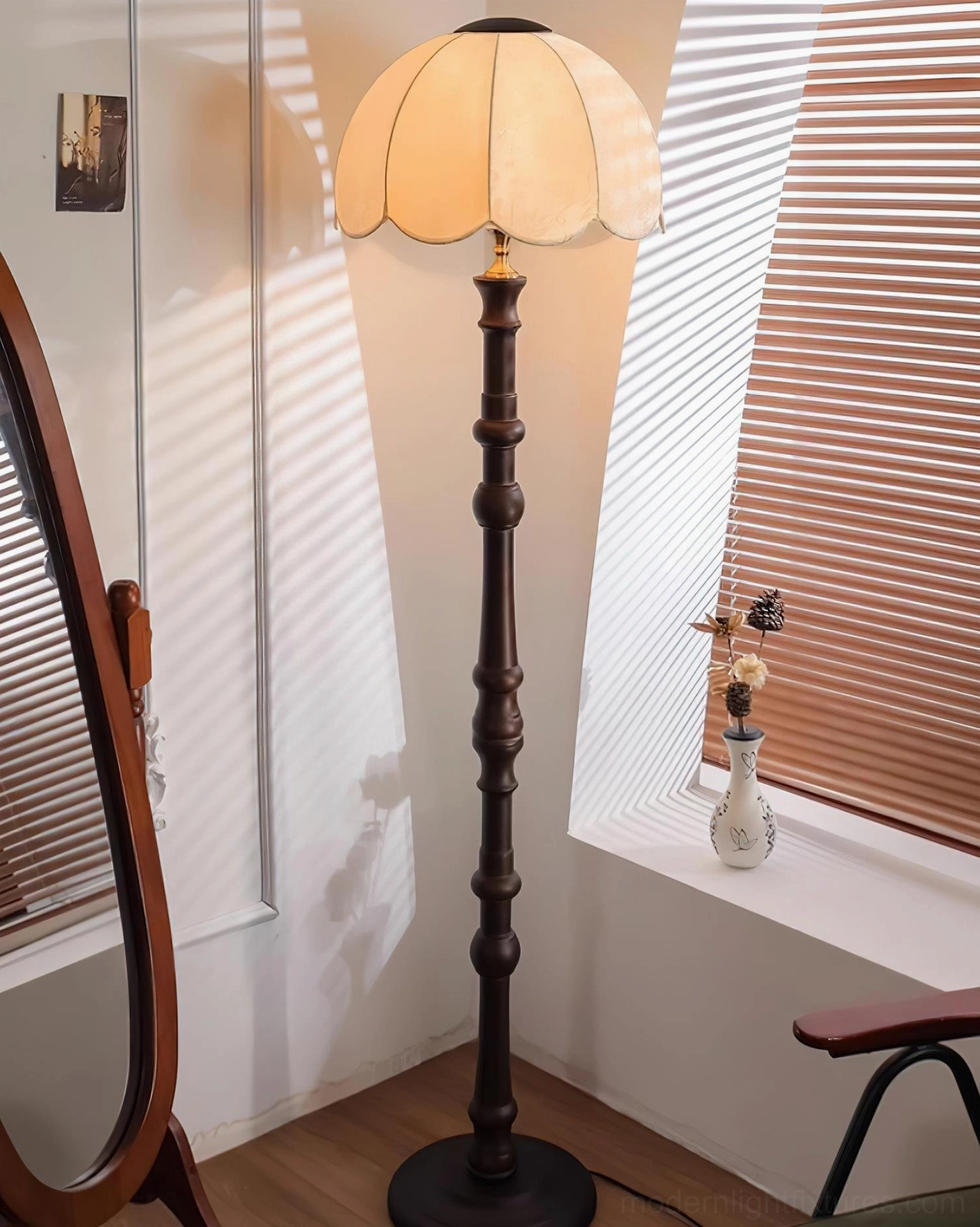 Scalloped vintage floor lamp positioned as statement piece in modern interior design setting