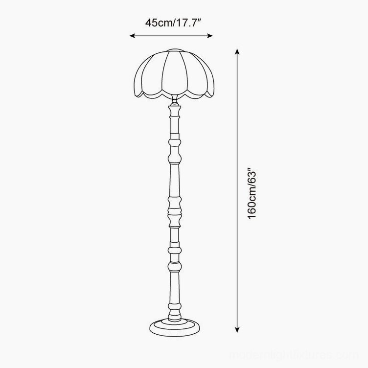 Technical line drawing and orthographic specifications of scalloped vintage floor lamp showing 45cm shade width and 160cm total height