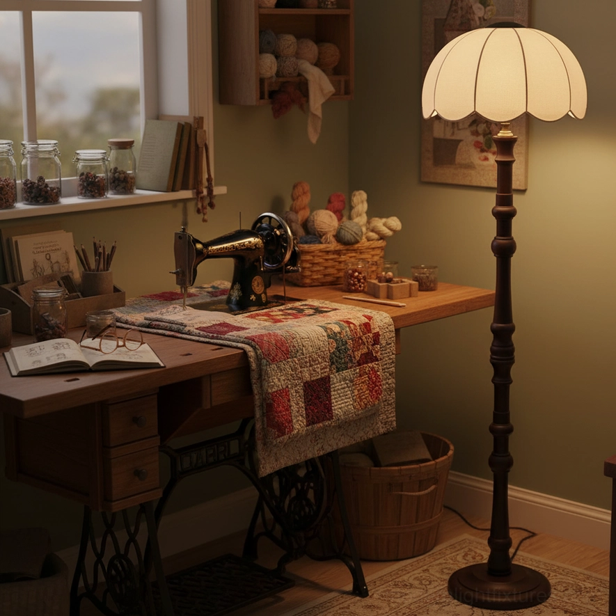 Scalloped vintage floor lamp with retro design elements and warm diffused lighting ambiance