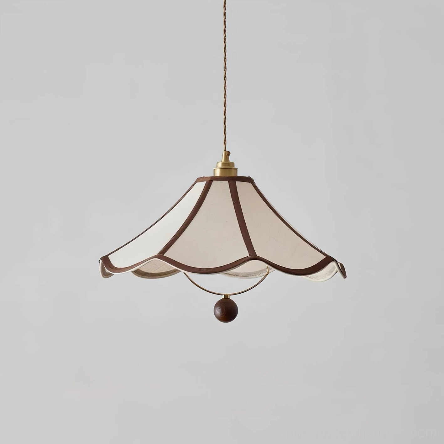 Beige and brown scalloped vintage pendant light front direct view studio photography