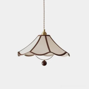 Scalloped vintage pendant light with beige fabric shade and brown trim, front view on white background